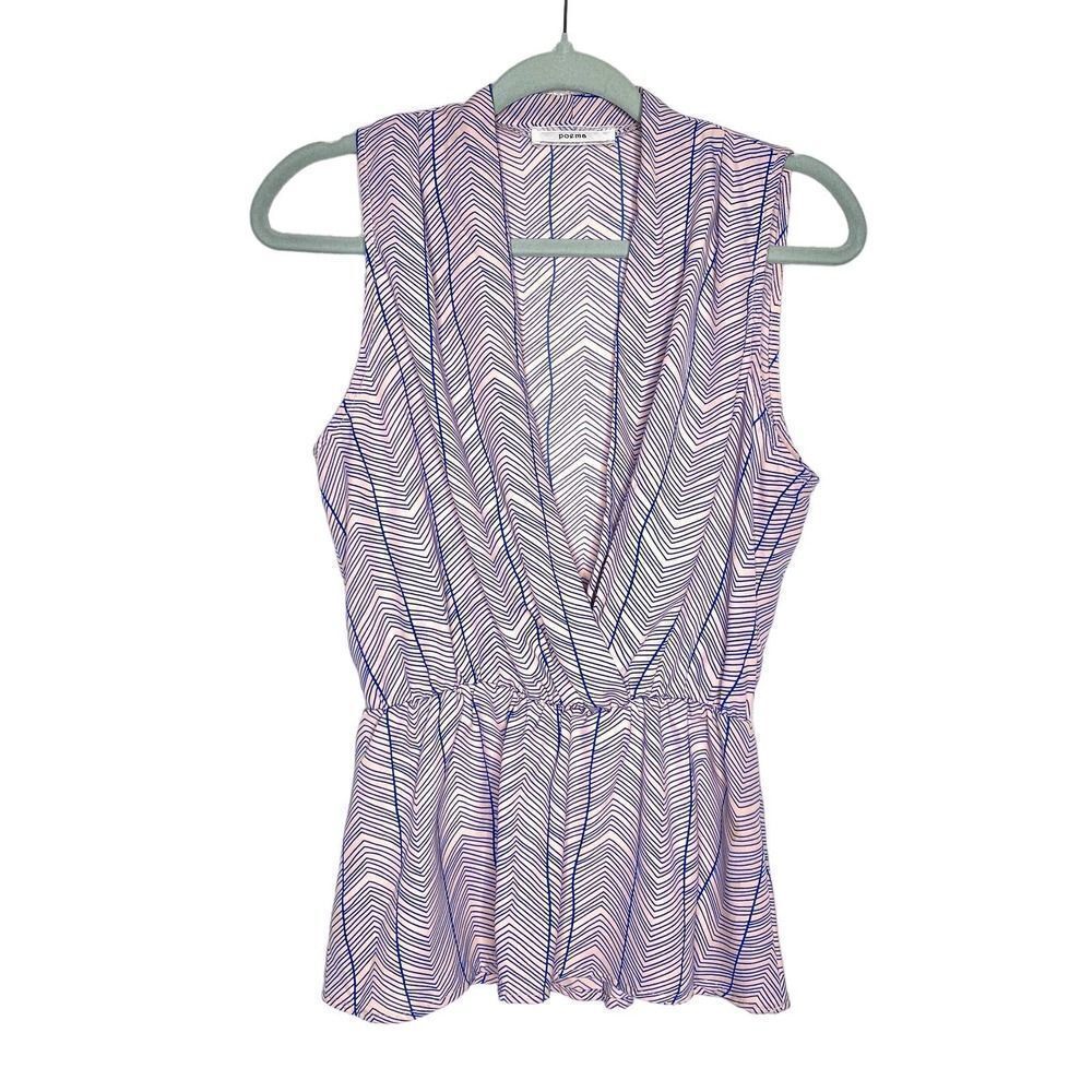 Poema Sleeveless Deep V-Neck Peplum Blouse Tank Top Pink Blue Small Striped